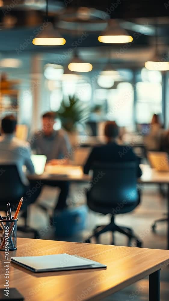 Close-up of a wooden desk with office supplies and in the background you can see a team of collaborative workers exchanging ideas Close-up of a wooden desk with office supplies and in the background you can see a team of collaborative workers exchanging ideas