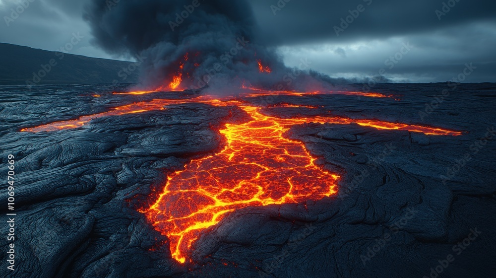 A river of molten lava flows across a field of cooled lava, with a plume of smoke rising from the volcano in the background. A river of molten lava flows across a field of cooled lava, with a plume of smoke rising from the volcano in the background.
