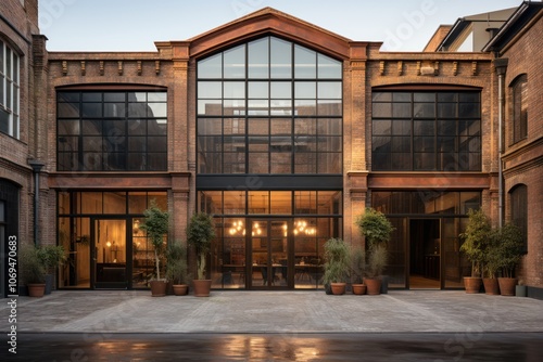 A modern glass and brick building with a courtyard.