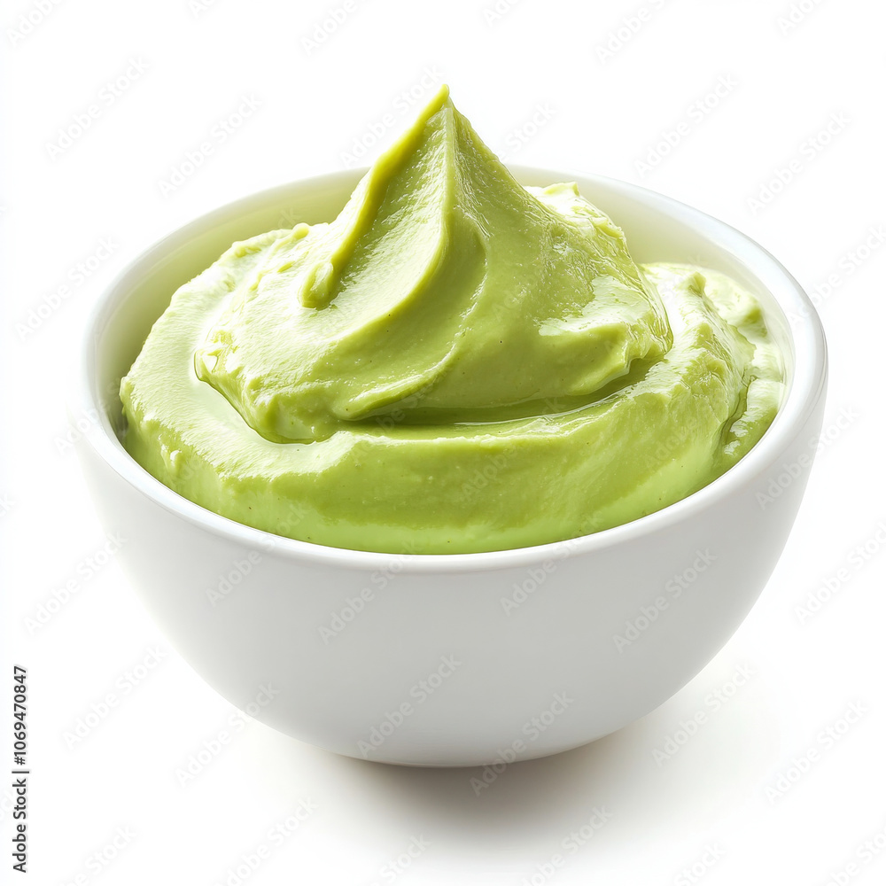 A bowl of creamy avocado dip, isolated on a white background, emphasizing a smooth and fresh snack A bowl of creamy avocado dip, isolated on a white background, emphasizing a smooth and fresh snack