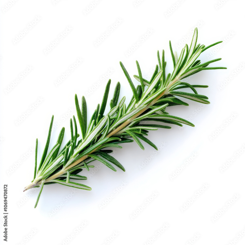 Fototapeta premium A single fresh sprig of rosemary, isolated on a white background, showcasing a fragrant herb
