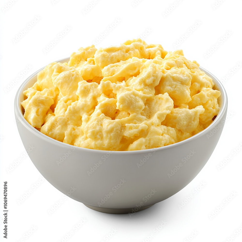 A bowl of fluffy scrambled eggs, isolated on a white background, showcasing a breakfast favorite A bowl of fluffy scrambled eggs, isolated on a white background, showcasing a breakfast favorite