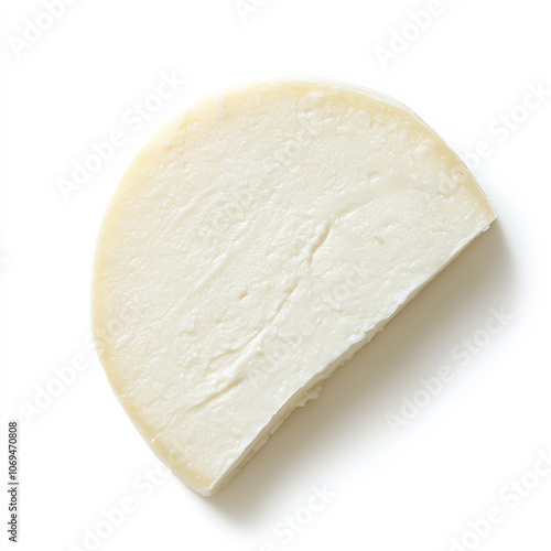 A single slice of mozzarella cheese, isolated on a white background, highlighting a soft cheese option