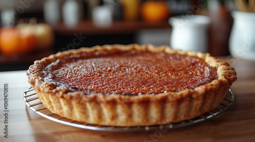 A mouthwatering photograph of an autumnal sweet potato pie, showcasing its rich color and texture on the table in a cozy kitchen setting. The focus is on the pie itself photo