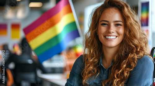 Smiling Woman with Rainbow Flag in the Background - Photo photo