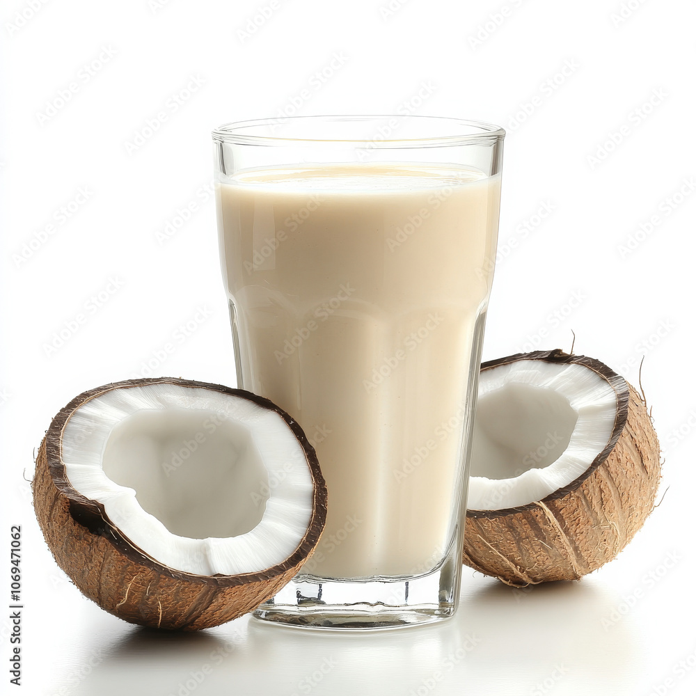 A glass of refreshing coconut smoothie, isolated on a white background, highlighting a tropical drink A glass of refreshing coconut smoothie, isolated on a white background, highlighting a tropical drink