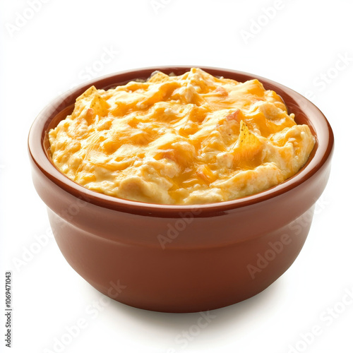 A bowl of cheesy nacho dip, isolated on a white background, emphasizing a popular dip for chips