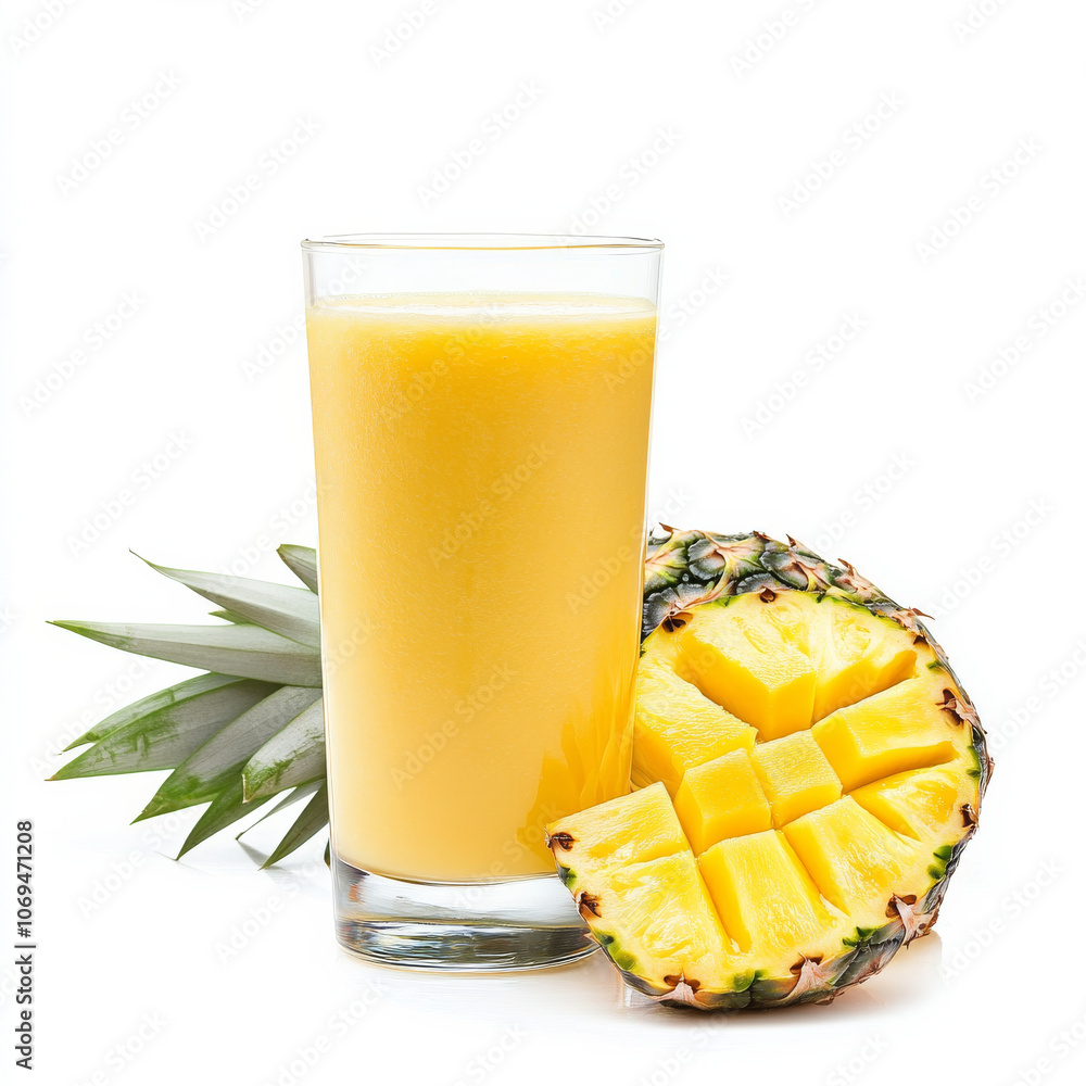 A glass of mango-pineapple smoothie, isolated on a white background, highlighting a tropical fruit blend A glass of mango-pineapple smoothie, isolated on a white background, highlighting a tropical fruit blend
