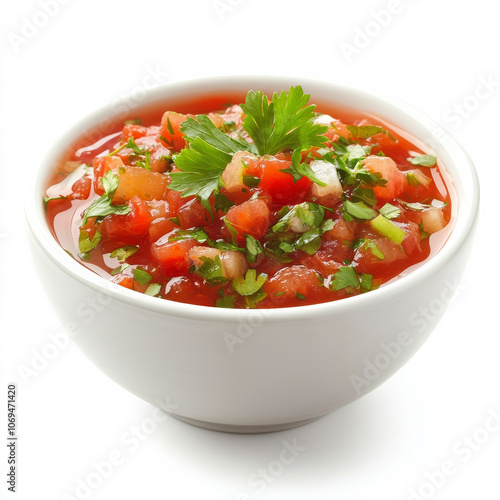 A bowl of spicy salsa, isolated on a white background, emphasizing a flavorful dip