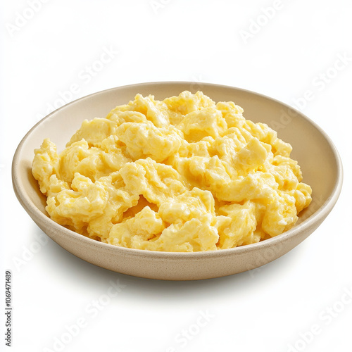 A plate of fluffy scrambled eggs, isolated on a white background, showcasing a classic breakfast item