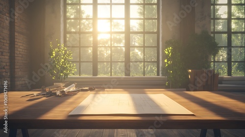 A sunlit workspace features a wooden table, plants, and a serene view through large windows, creating a tranquil atmosphere for creativity.