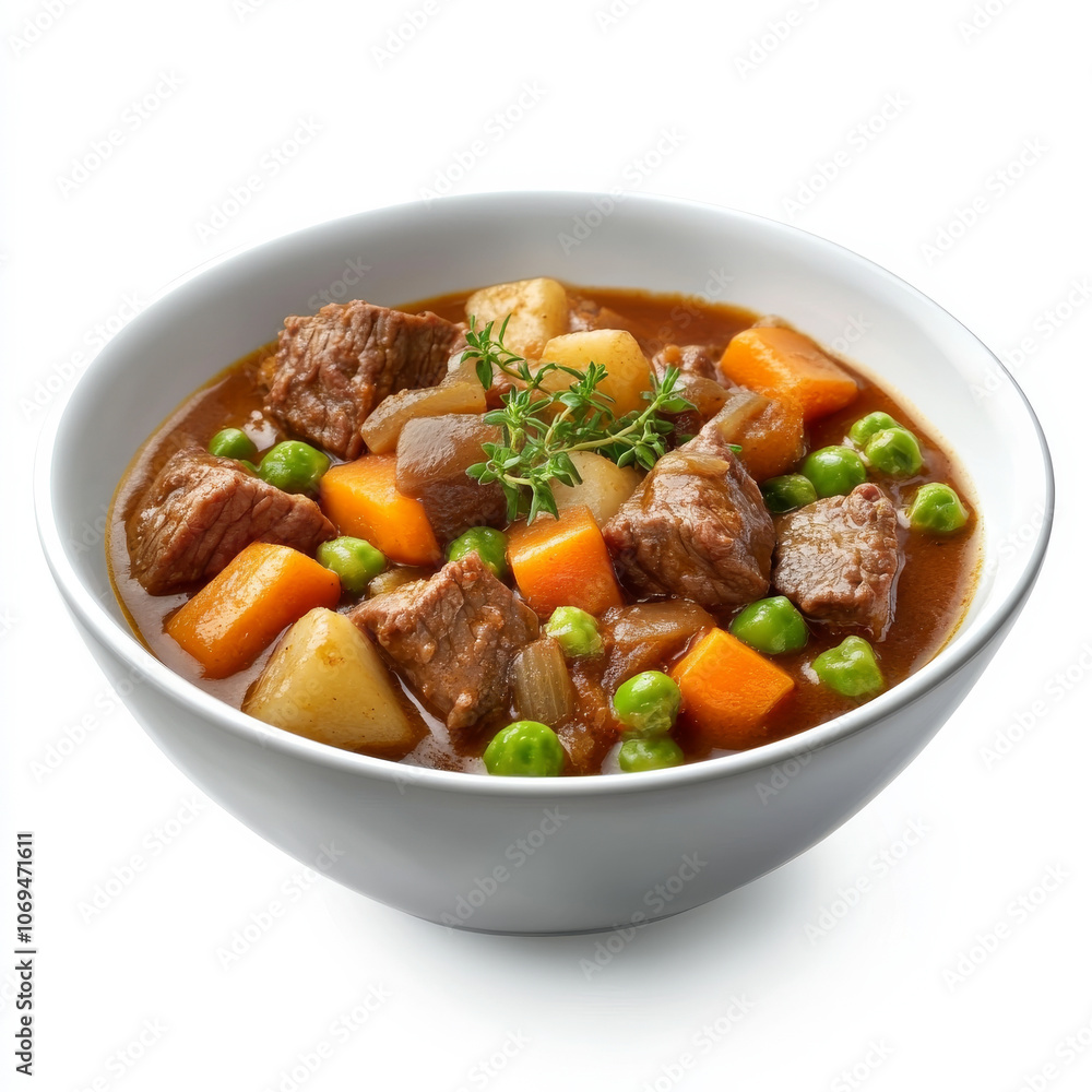 A bowl of tender beef stew with vegetables, isolated on a white background, highlighting a hearty meal A bowl of tender beef stew with vegetables, isolated on a white background, highlighting a hearty meal