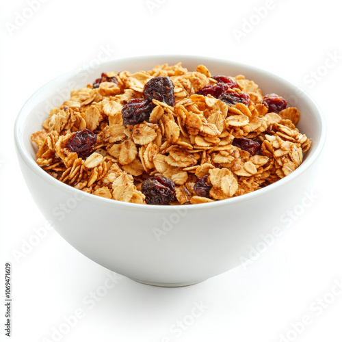 A bowl of crunchy granola, isolated on a white background, highlighting a breakfast or snack option