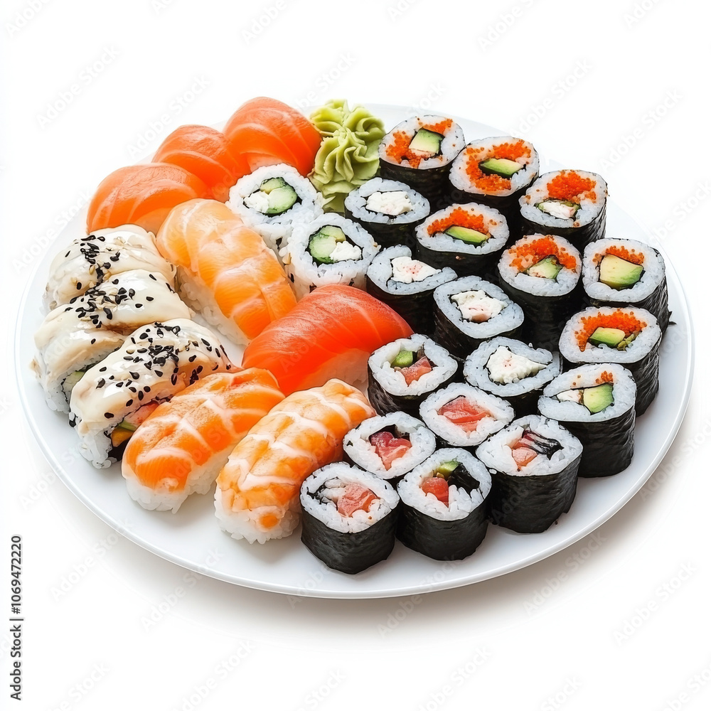 A plate of sushi rolls, isolated on a white background, highlighting a popular Japanese dish