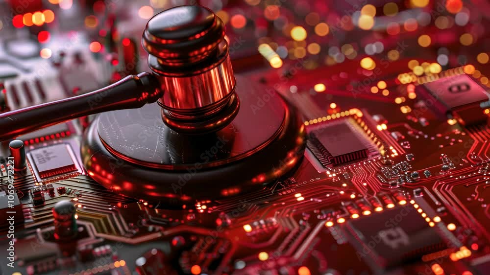 A black gavel is on a red circuit board. The gavel is surrounded by a lot of electronic components A black gavel is on a red circuit board. The gavel is surrounded by a lot of electronic components