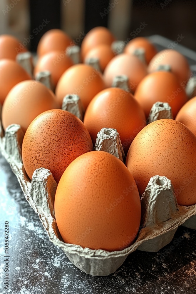 Fresh brown eggs arranged neatly in a carton on a kitchen countertop Fresh brown eggs arranged neatly in a carton on a kitchen countertop