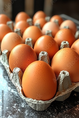 Fresh brown eggs arranged neatly in a carton on a kitchen countertop photo