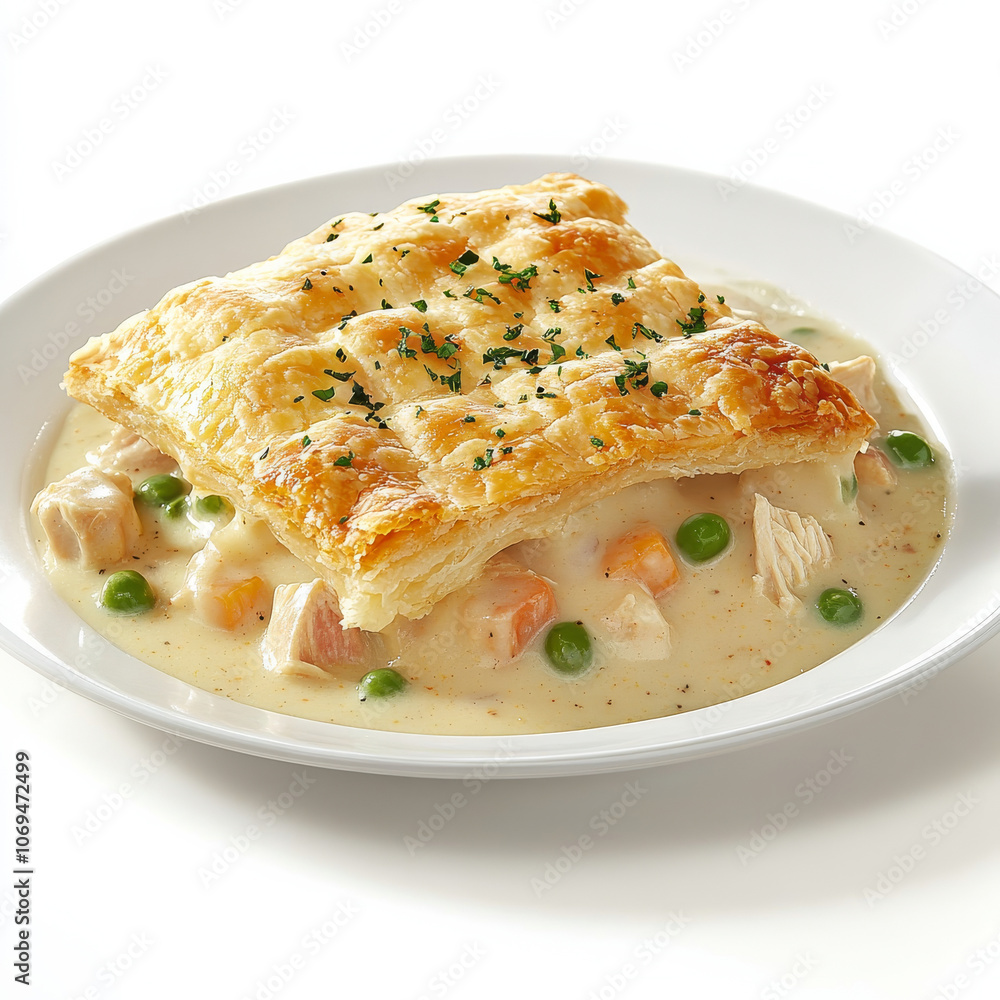 A plate of savory chicken pot pie, isolated on a white background, emphasizing a homestyle dish A plate of savory chicken pot pie, isolated on a white background, emphasizing a homestyle dish
