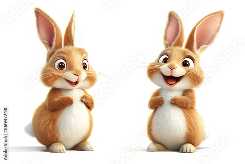 Two adorable, fluffy cartoon rabbits standing upright, smiling happily, creating a cheerful and playful scene
