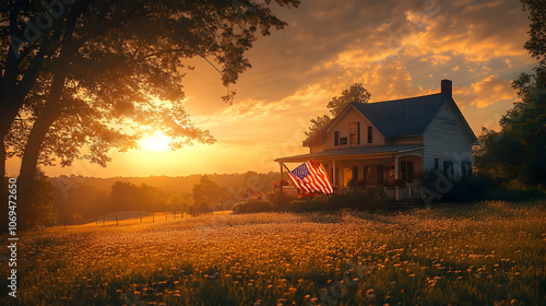 House with American Flag at Sunset - Realistic Image