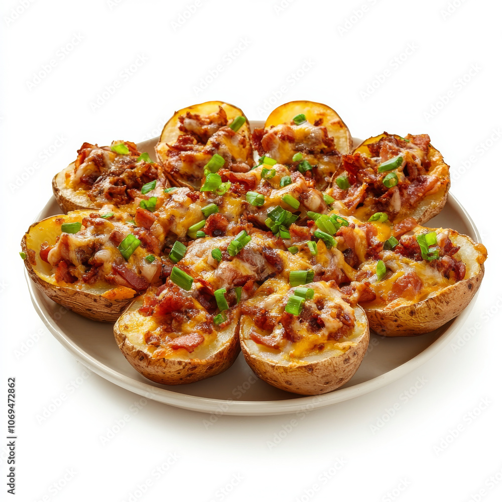 A plate of loaded potato skins, isolated on a white background, showcasing a hearty appetizer A plate of loaded potato skins, isolated on a white background, showcasing a hearty appetizer