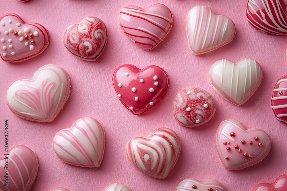 Heart'shaped candy pattern on a pastel pink background. Heart'shaped candy pattern on a pastel pink background.