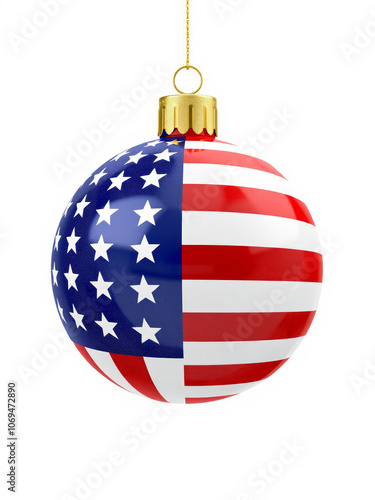 Christmas ball showing united states flag hanging on white background