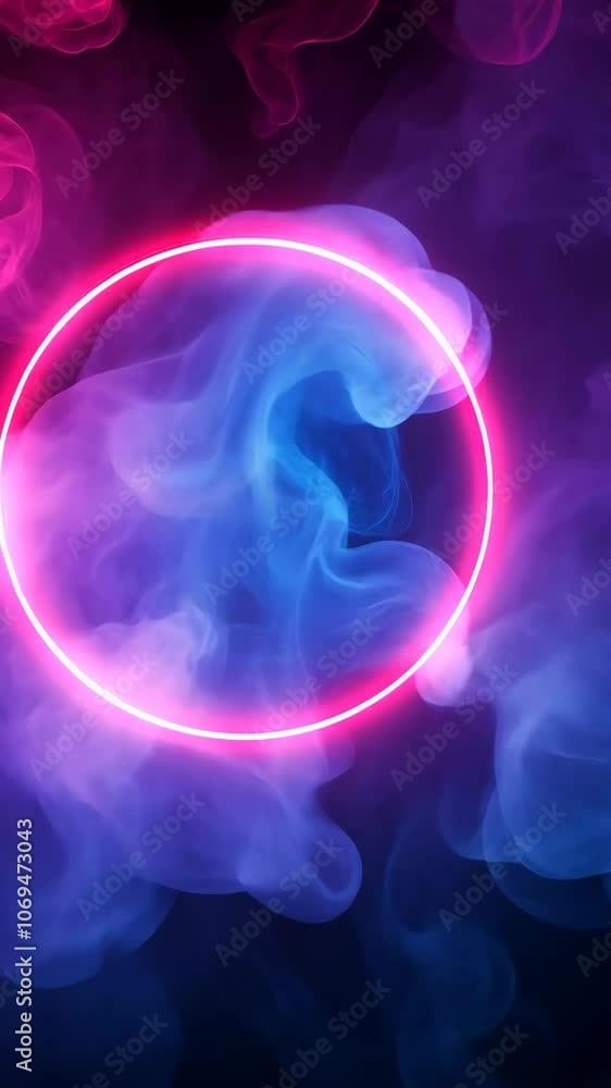 Pink neon circle glowing behind blue and purple smoke Pink neon circle glowing behind blue and purple smoke