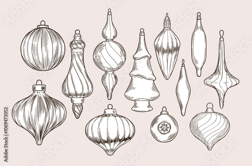 Set of vintage hand drawn christmas balls. Vector illustration of tree baubles on beige backgraund.