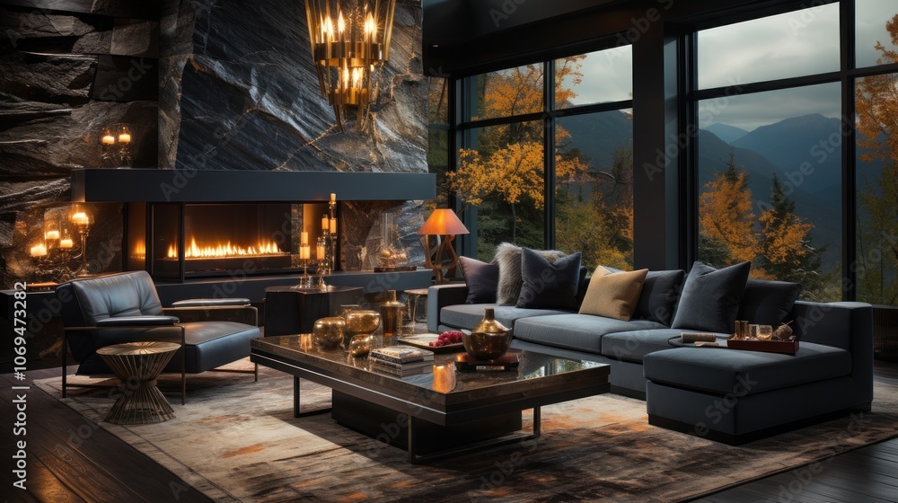 Modern living room with fireplace, large windows, and mountain views. Modern living room with fireplace, large windows, and mountain views.