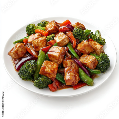 A plate of tofu stir-fry with vegetables, isolated on a white background, highlighting a plant-based dish photo