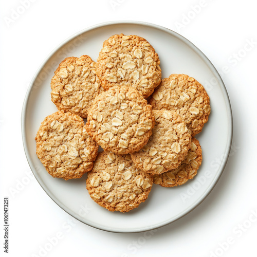 A plate of soft oatmeal cookies, isolated on a white background, emphasizing a homemade treat