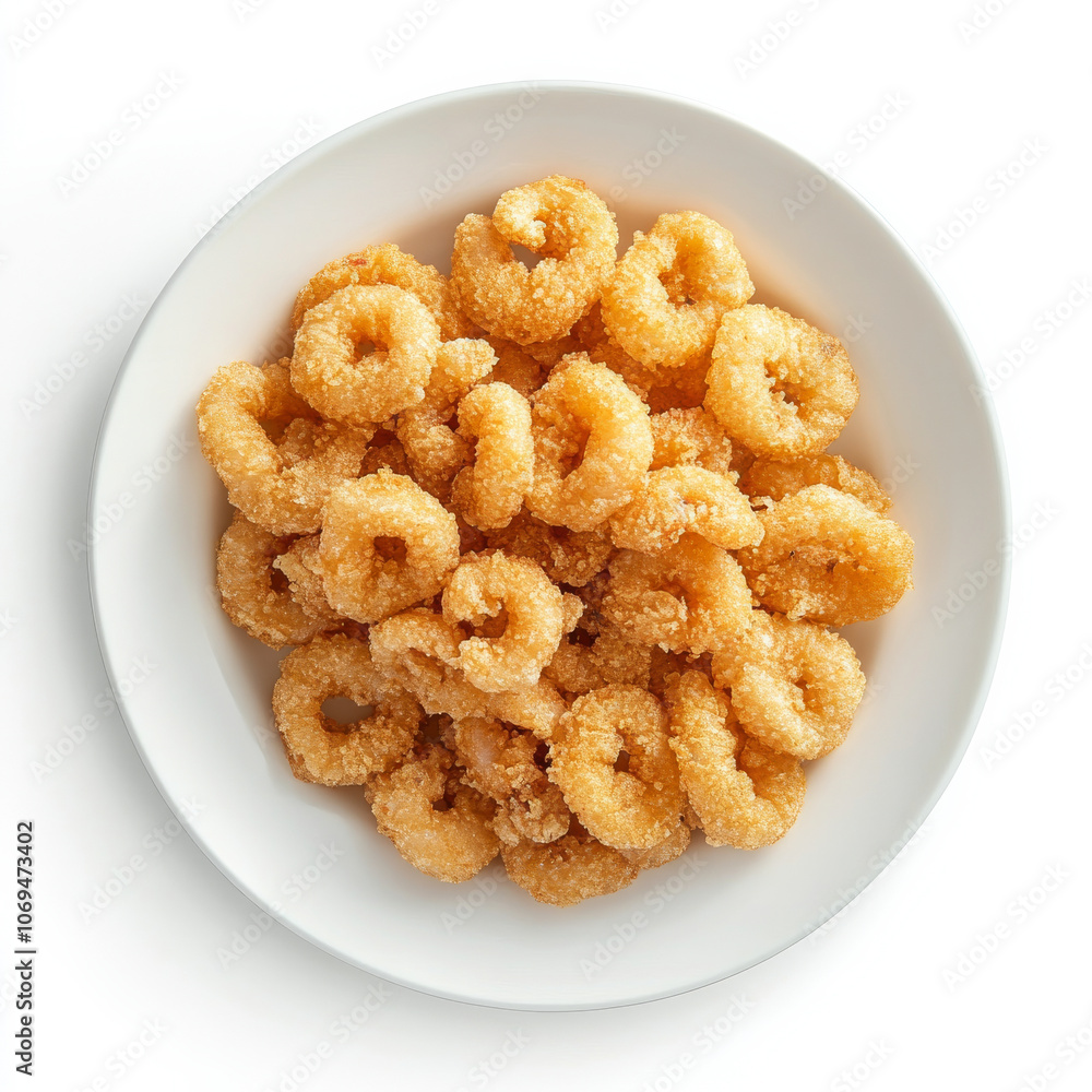 A plate of fried calamari, isolated on a white background, emphasizing a popular seafood appetizer A plate of fried calamari, isolated on a white background, emphasizing a popular seafood appetizer