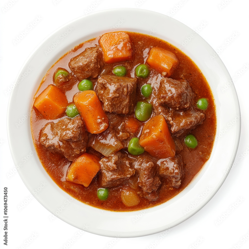 A plate of hearty beef stew, isolated on a white background, highlighting a classic comfort food A plate of hearty beef stew, isolated on a white background, highlighting a classic comfort food