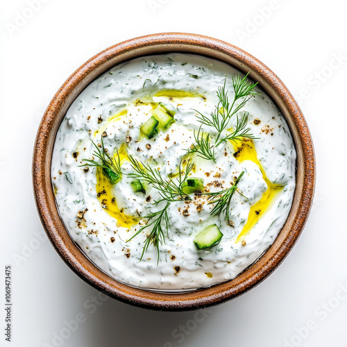 A bowl of Greek tzatziki sauce, isolated on a white background, showcasing a traditional yogurt dip photo