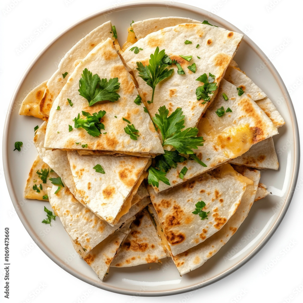 A plate of cheesy quesadillas, isolated on a white background, highlighting a savory Mexican snack A plate of cheesy quesadillas, isolated on a white background, highlighting a savory Mexican snack