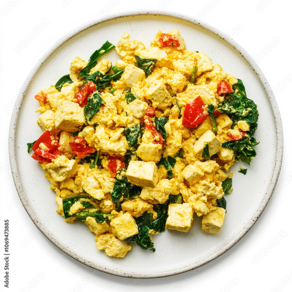 A plate of scrambled tofu, isolated on a white background, showcasing a vegan breakfast option A plate of scrambled tofu, isolated on a white background, showcasing a vegan breakfast option