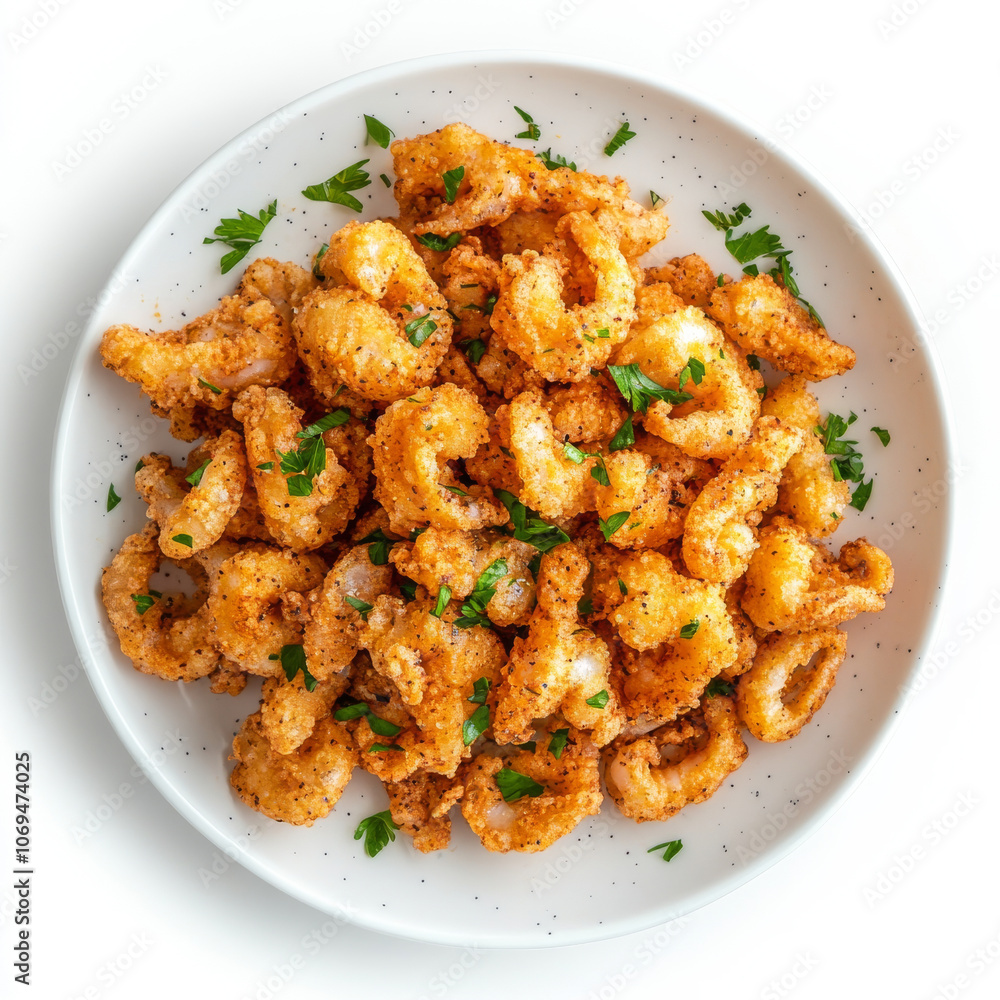 A plate of fried calamari, isolated on a white background, emphasizing a popular seafood appetizer