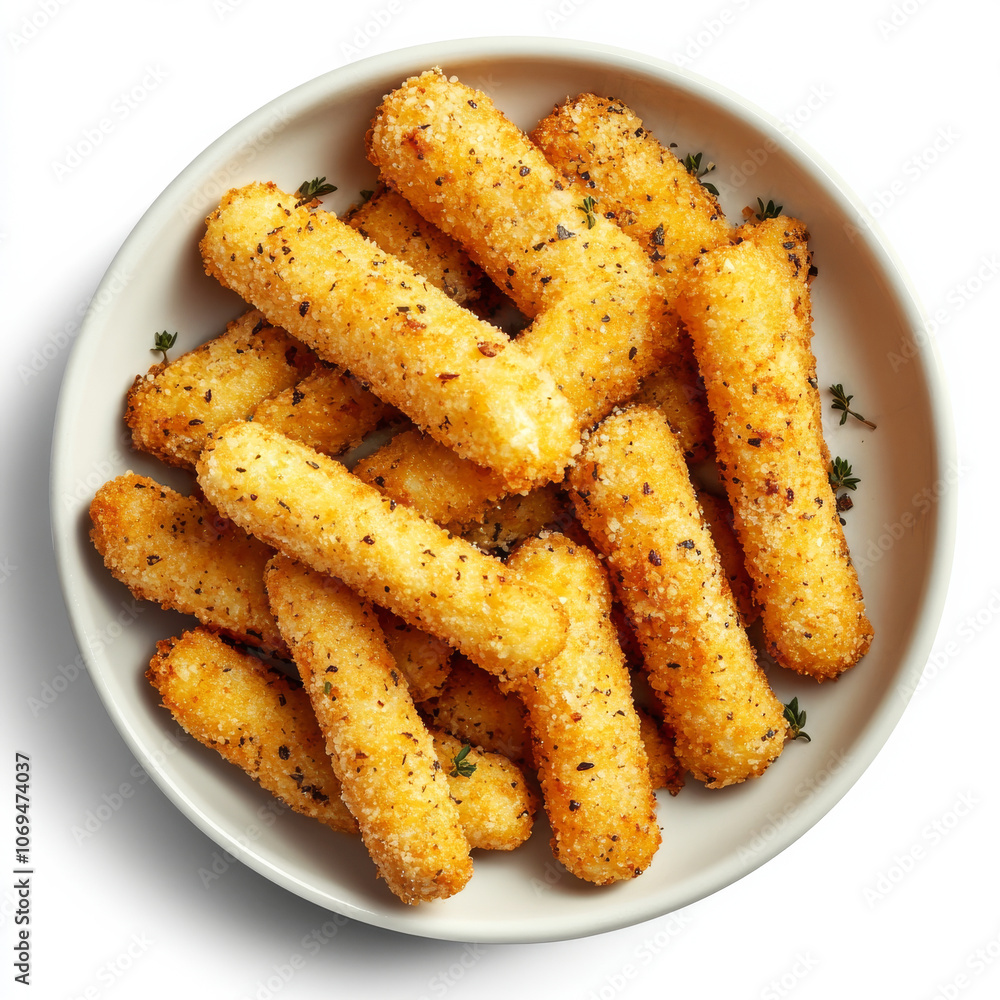 A plate of crispy mozzarella sticks, isolated on a white background, emphasizing a cheesy snack A plate of crispy mozzarella sticks, isolated on a white background, emphasizing a cheesy snack