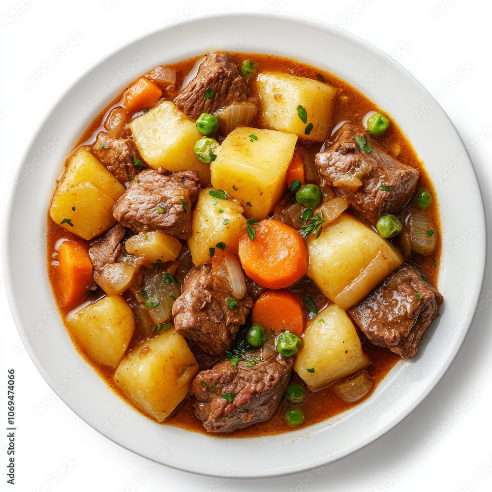 A plate of hearty beef stew, isolated on a white background, highlighting a classic comfort food A plate of hearty beef stew, isolated on a white background, highlighting a classic comfort food