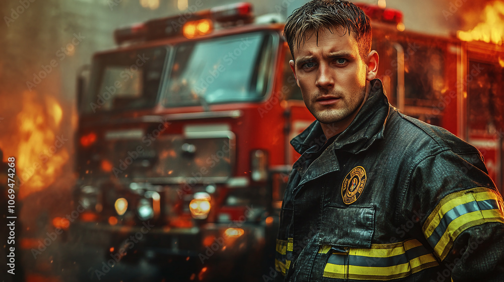 A Dedicated Firefighter in Uniform: Ready for Action in Front of a Fire Truck with Gear and Tools A Dedicated Firefighter in Uniform: Ready for Action in Front of a Fire Truck with Gear and Tools