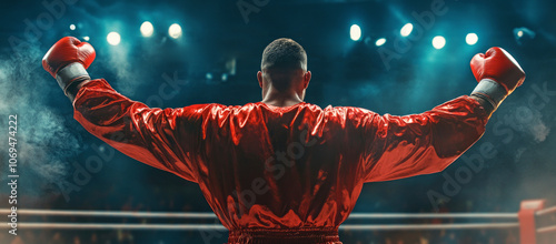 Panorama from rear view from powerful Boxer wearing a red satin robe is raising his arms in victory