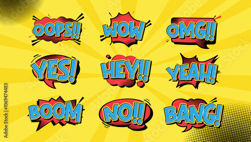 Pop Art Comic Speech Text different emotions and text. wow, omg, oops, yes, hey, yeah, boom, no, bang.