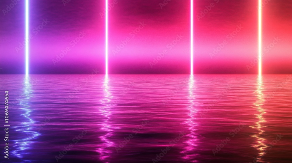 Colorful neon lights reflected on a tranquil water surface at dusk. Colorful neon lights reflected on a tranquil water surface at dusk.