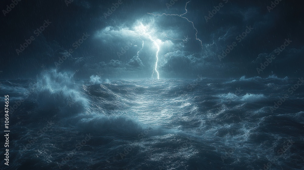 A powerful lightning bolt strikes the turbulent ocean during a fierce storm. A powerful lightning bolt strikes the turbulent ocean during a fierce storm.