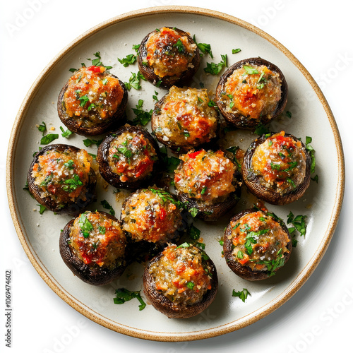 A plate of baked stuffed mushrooms, isolated on a white background, highlighting a flavorful appetizer photo