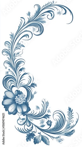 Blue floral design intricate patterns white background.