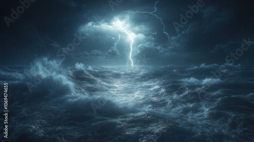 A powerful lightning bolt strikes the turbulent ocean during a fierce storm.