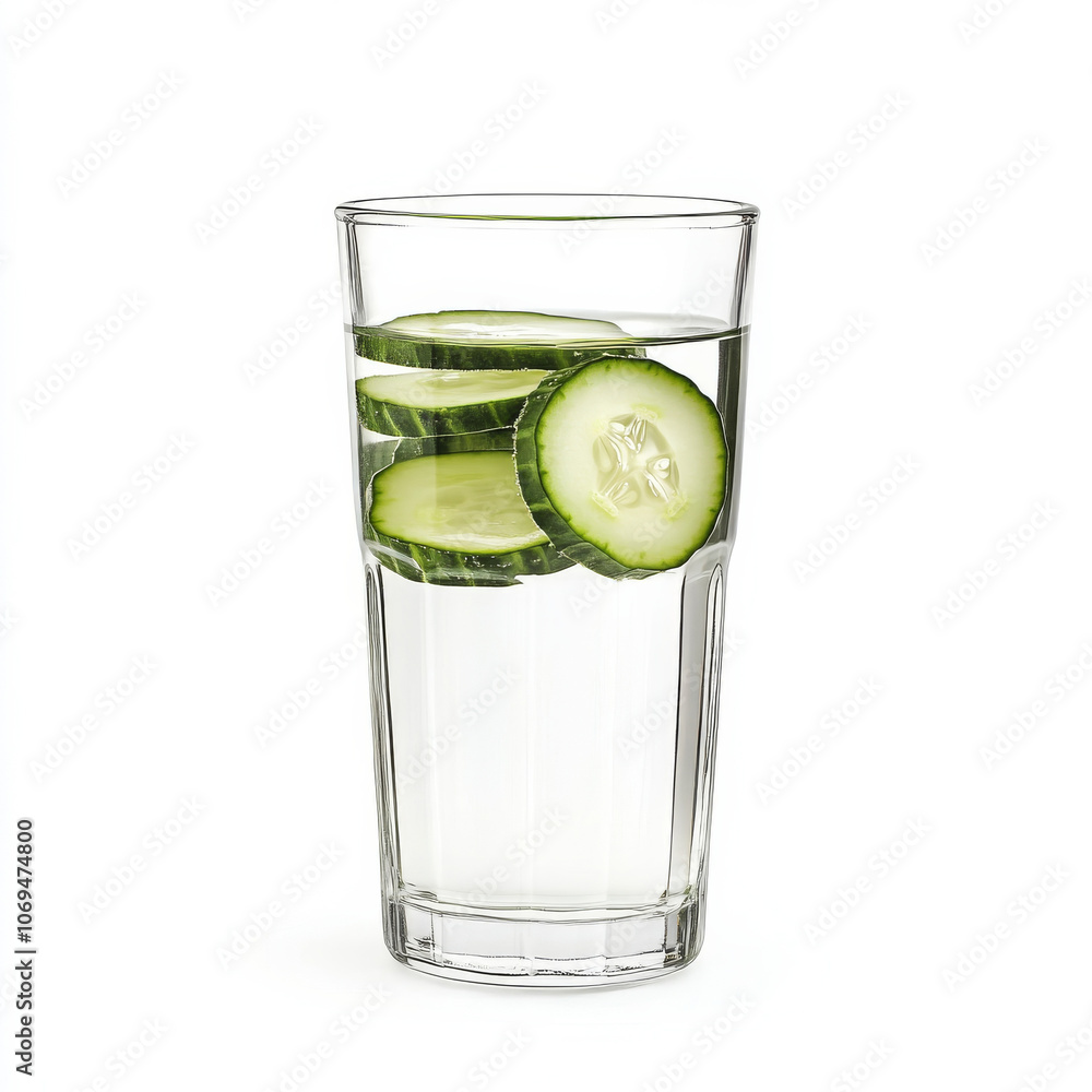 A glass of refreshing cucumber water, isolated on a white background, showcasing a hydrating drink A glass of refreshing cucumber water, isolated on a white background, showcasing a hydrating drink