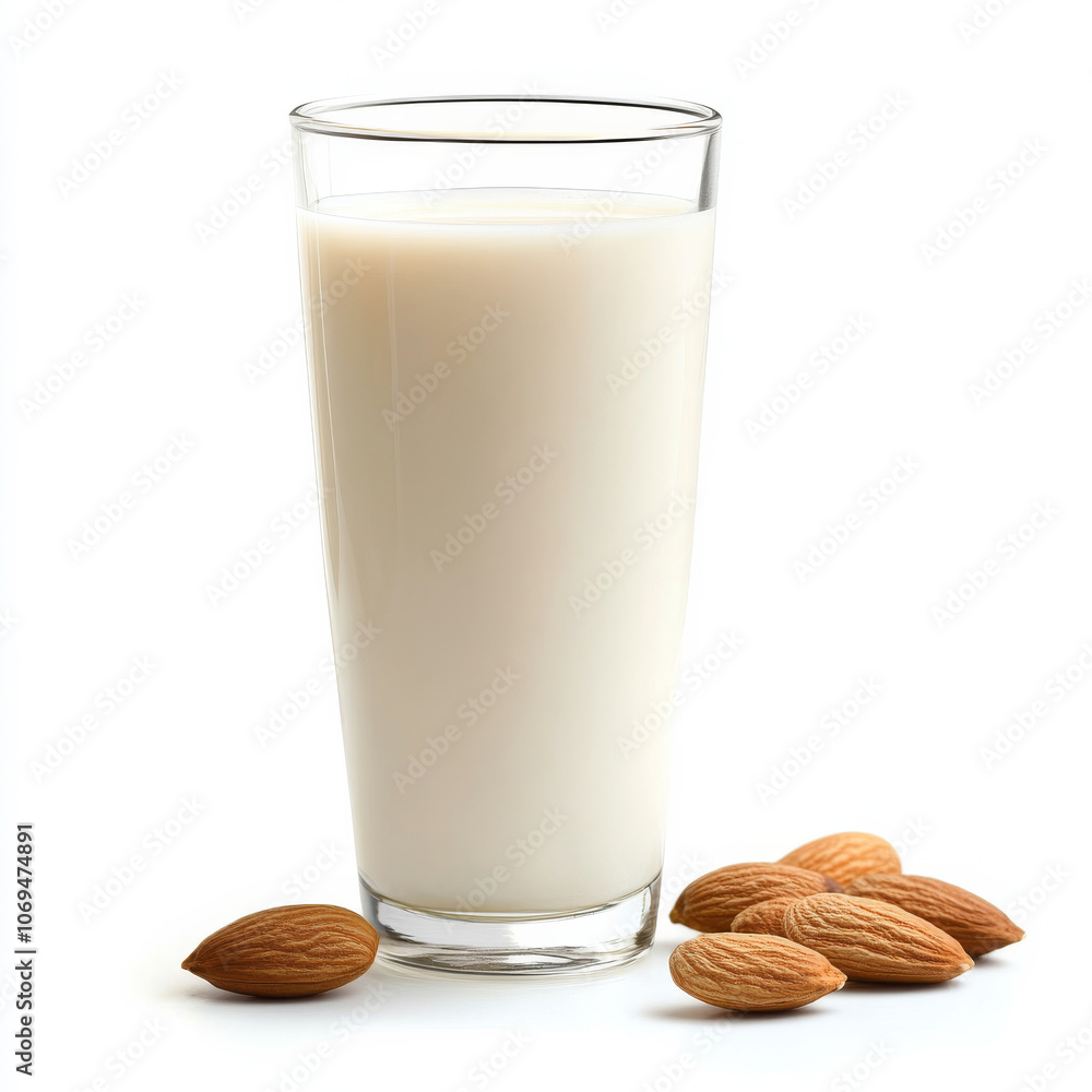 A glass of almond milk, isolated on a white background, showcasing a dairy-free drink A glass of almond milk, isolated on a white background, showcasing a dairy-free drink